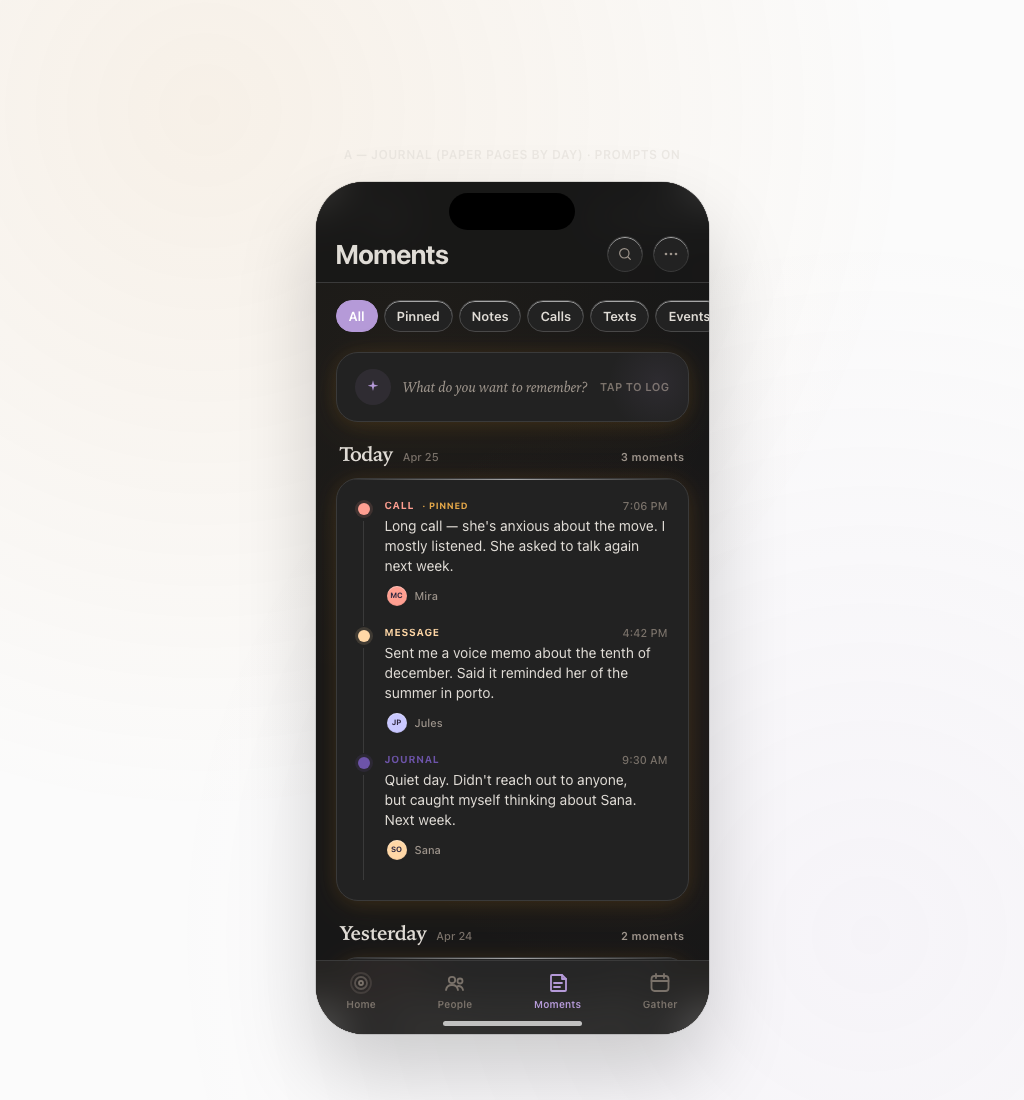orbit.social Moments handoff screen showing private relationship journal variants.