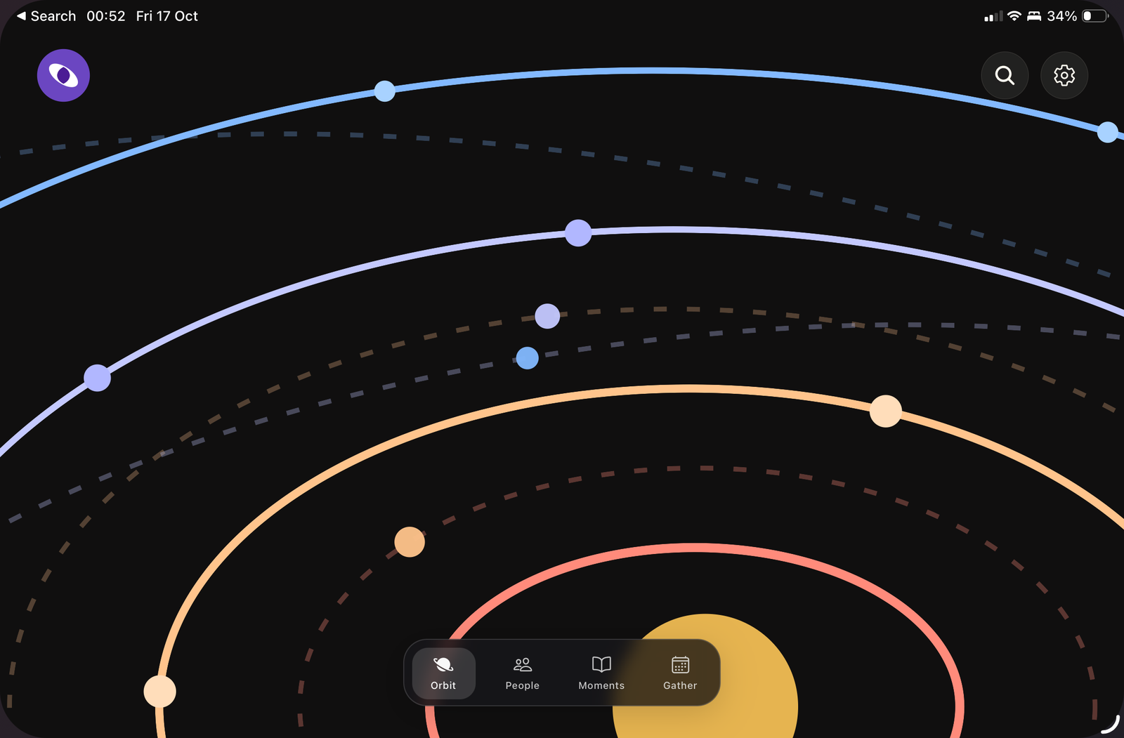 orbit.social app UI showing colorful orbital paths and the bottom tab bar.