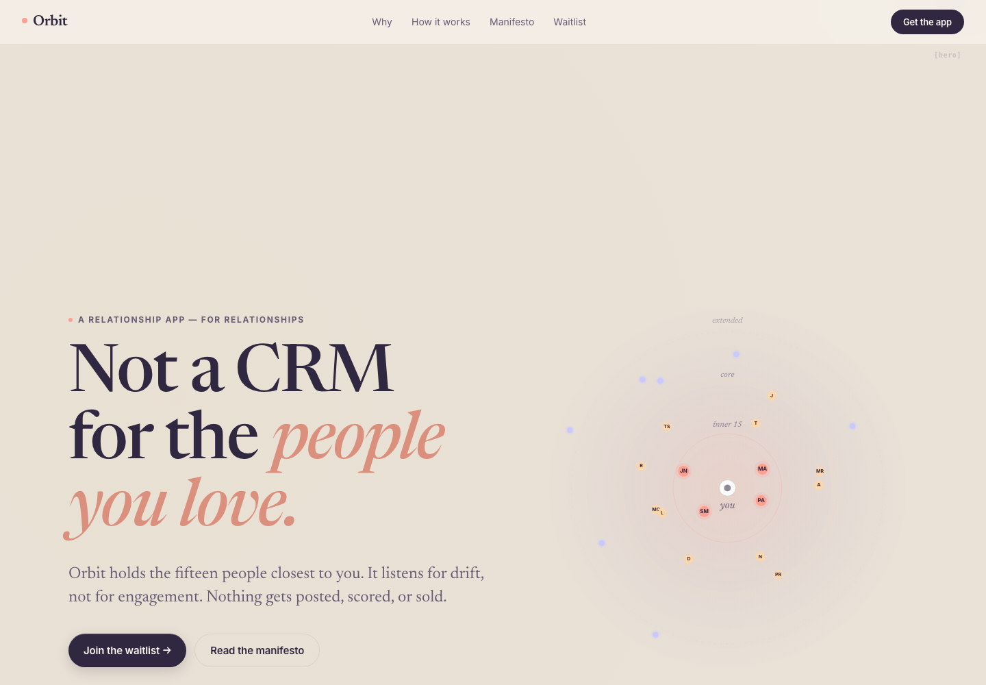 orbit.social web handoff hero with editorial copy and a soft relationship orbit.