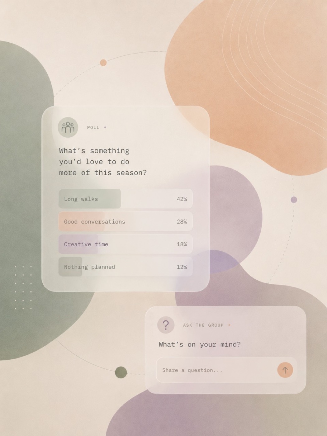 Soft Senco room prompt showing a group poll and ask-the-group question card.